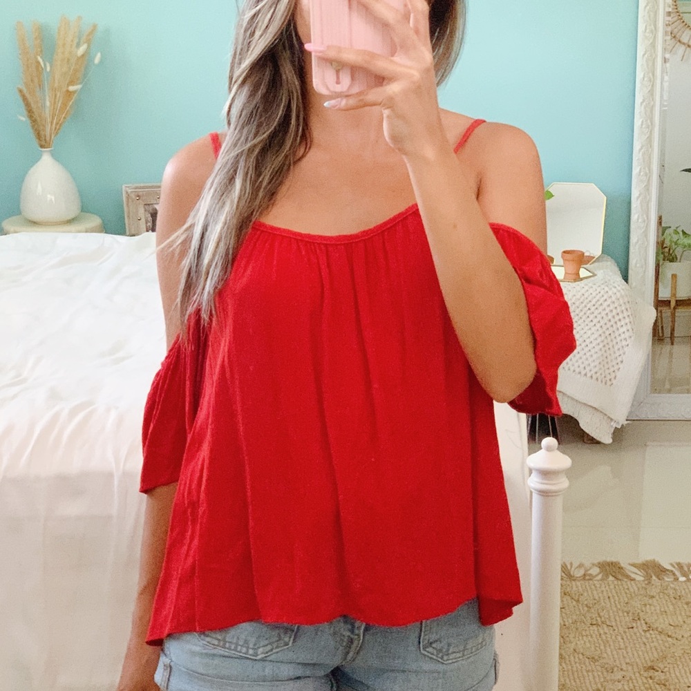 Like New//One Clothing Red Cold Shoulder Blouse